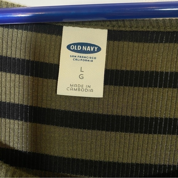 Old Navy women size Large short sleeve olive green black knit stripe midi dress - Picture 5 of 6